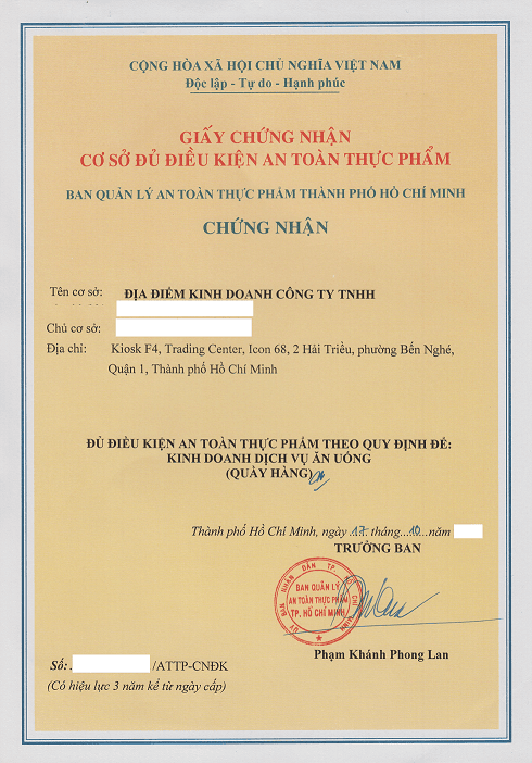 GIẤY PHÉP AN TOÀN VỆ SINH THỰC PHẨM CHO NHÀ HÀNG